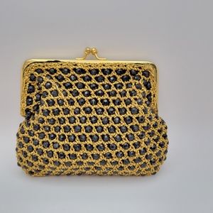 Delill | Vintage Handmade in Italy Faceted Black Beads Metallic Gold-Tone Clutch